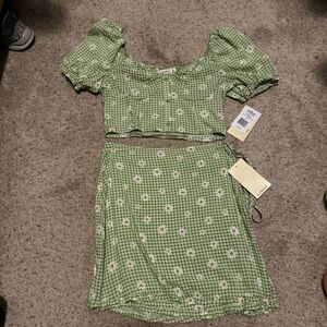 Green Gingham Dress with Floral Pattern